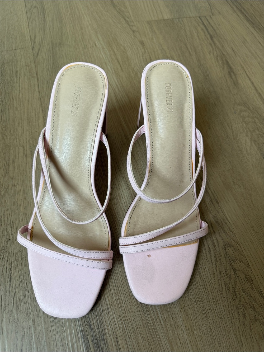 Forever 21 Pale Pink Strappy Square-Toe Heeled Slides